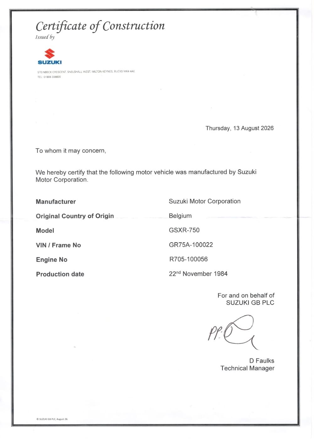 Certificate of Construction issued by Suzuki GB PLC, 13 August 2026
